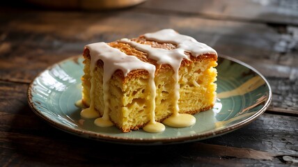 Closeup of a lemon drizzle cake slice with icing dripping down the sides served on a vintage ceramic plate Side light catches the glossy sugar glaze