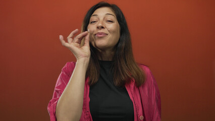 Hispanic woman wearing bright pink shirt with gentle smile makes ok sign gesture with hand near...