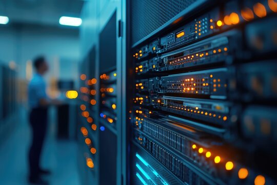 A technician oversees a server rack in a data center, illuminated by glowing lights, showcasing modern technology.