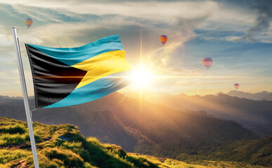 The Bahamas flag waving in beautiful scenery. The Bahamas national flag for independence day.