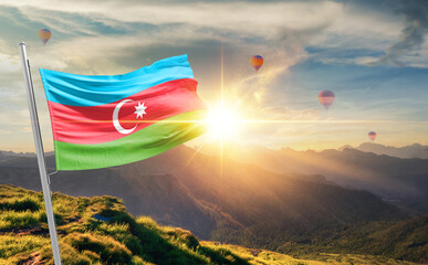 Azerbaijan flag waving in beautiful scenery. Azerbaijan national flag for independence day.