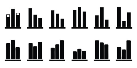 Set of black bar graph icons illustrating financial data and trends chart finance