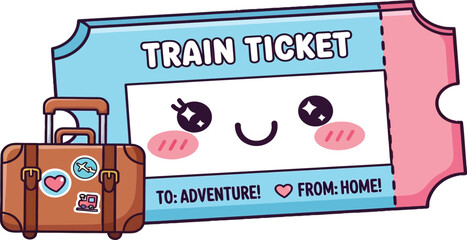 Naklejka premium Cartoon Train Ticket and Suitcase for Adventure Travel.