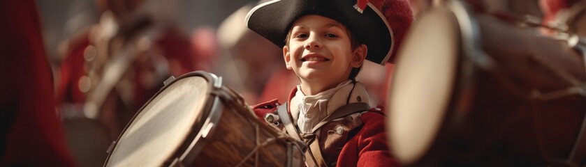 A close-up image of a young boy in colonial attire, portraying a drumming theme, ideal for historical or cultural contexts, Yorktown Victory Day