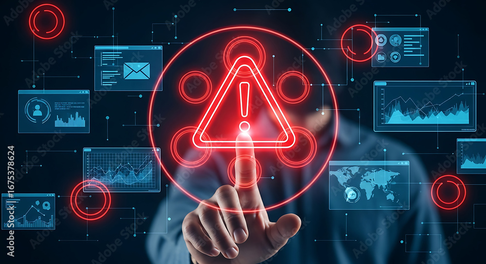 Poster a person touching a red warning sign surrounded by data charts on a dark blue background ai generate