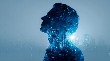 Futuristic double exposure of a human silhouette with a glowing cityscape and digital circuitry overlay