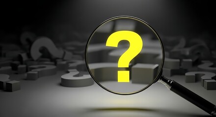 Magnifying glass focusing on a yellow question mark on a dark background