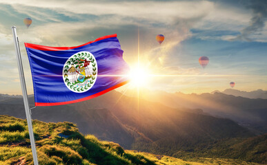Belize flag waving in beautiful scenery. Belize national flag for independence day.
