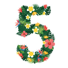 Decorative number five made from colorful tropical flowers like hibiscus, plumeria, and bird of paradise, with lush green monstera and palm leaves.