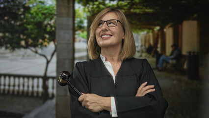 Woman judge in black robe holding gavel with crossed arms and smiling on old town street; justice...