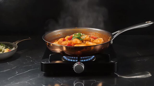 Gourmet Italian gnocchi simmering in a rich tomato sauce, steaming hot in a copper skillet on a modern gas stove against a dark background