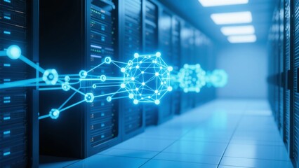 Server room with data flow visualization