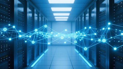 Data center server room with network connections