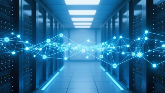 Data center server room with network connections