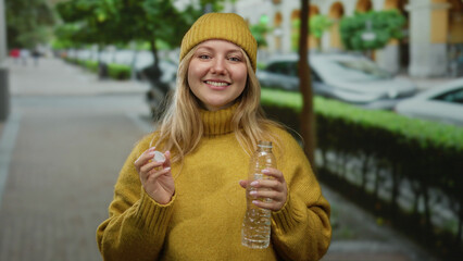 Blonde woman in yellow sweater smiles while holding water bottle in city street with greenery and cars in background.