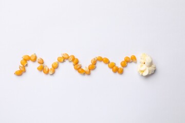 Tasty popcorn and dry kernels on white background, flat lay
