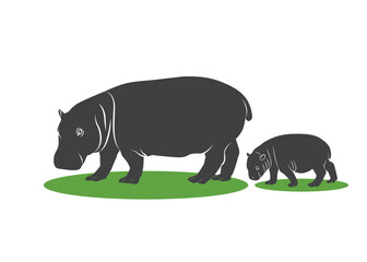 Silhouette of mother and baby hippopotamus. For design. Vector illustration. Hippopotamus.
