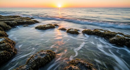 Obraz premium Serene ocean waves gently lap mossy rocks during a breathtaking golden sunset.