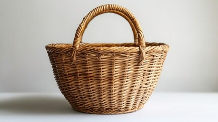 Woven Basket with Handle on Plain Background for Home Decor