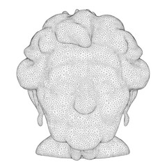 Stylized wireframe 3D model of a granny's head with curly white hair, realistic sculpture look, friendly expression, and detailed facial features on white background.