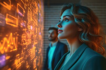 A woman and a man examine a large interactive display showing complex data visualizations, immersed in a futuristic setting.