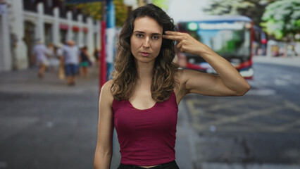 Hispanic young woman finger gun to head near bus on busy street amid blurred pedestrians; despair...