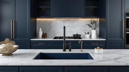 Modern Navy Kitchen With Marble Countertops And Island, Luxury Kitchen Design, Blue Sink with Black Faucet and Brass Handles, Luxury Gold Kitchen Faucet in Elegant kitchen, created with generative ai