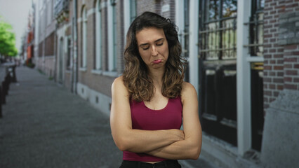 Woman wearing pink sleeveless top crossing bare arms on street; annoyance defiance frustration...