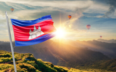 Cambodia flag waving in beautiful scenery. Cambodia national flag for independence day.
