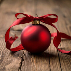 Red christmas ornament with ribbon on wooden background