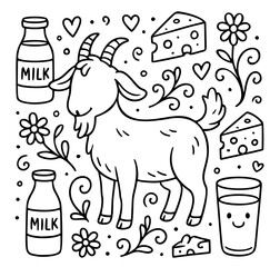 Cute cartoon goat with milk and cheese in a black and white style. Whimsical dairy-themed illustration featuring goat and milk products.