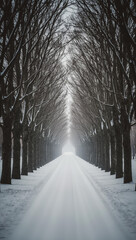 Snow-covered road disappearing into a dark, tree-lined avenue.