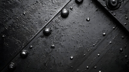 Close up of dark metal surface with water droplets and rivets.