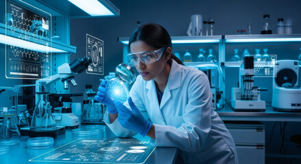 A scientist in a state-of-the-art lab carefully examining a glowing petri dish, wearing PPE, the scene is lit with a cool, futuristic blue light, representing pharmaceutical research
