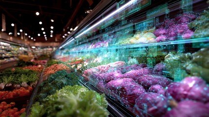 Digital Grocery: Immerse yourself in the future of grocery shopping with a vibrant display of fresh produce, enhanced by holographic digital overlays indicating information and.