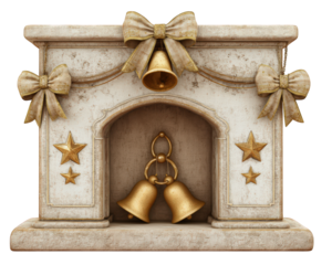 Vintage fireplace decorated with gold stars, festive bells, and elegant gold ribbon bows, creating warm and joyful holiday atmosphere, perfect for Christmas or winter celebrations