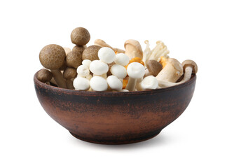 Different raw mushrooms in wooden bowl isolated on white