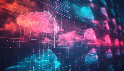 Abstract digital illustration of cloud computing, showcasing data transfer and network connections.