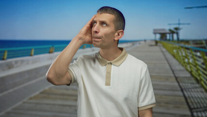 Man standing on seaside promenade with thoughtful expression, wearing casual shirt, against a...