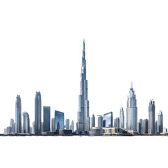 Dubai skyline with burj khalifa isolated on transparent background, showcasing modern architecture and urban development in the united arab emirates