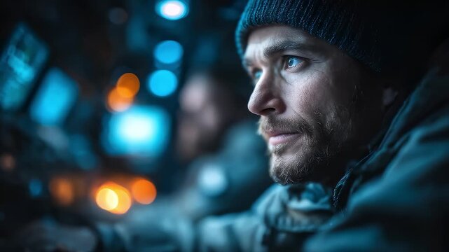 Focused Man Working at Night in Control Room
