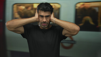Hispanic young man covers ears with both hands on platform next to moving train at busy station...
