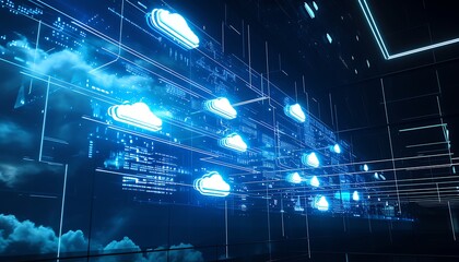 Cloud computing concept with digital clouds connected by lines, representing data transfer and network infrastructure.