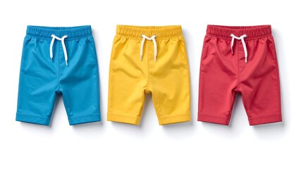 Colorful assortment of toddler boys' swim trunks in primary colors, laid out flat on a clean white studio background