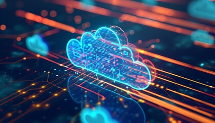 Abstract digital cloud graphic over a circuit board pattern.