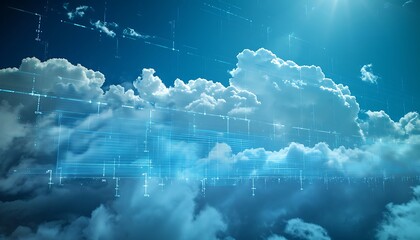 Abstract digital grid overlaying a bright, sunny sky filled with fluffy cumulus clouds.