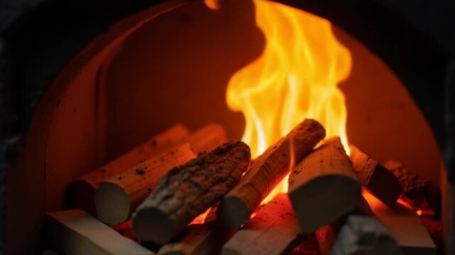 Restaurant stone barbecue BBQ firewood, open brick oven, flame, fire close-up, bonfire slow motion