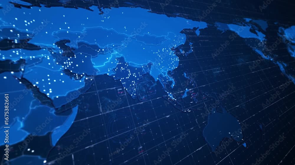 Aufkleber dynamic blue world map with glowing data points and digital grid lines, representing global network 