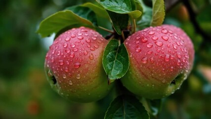 Red and green apples growing on tree with water droplets on fruit surface - Powered by Adobe
