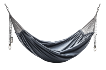 Cozy gray hammock suspended for relaxation in a tranquil outdoor setting during a sunny day